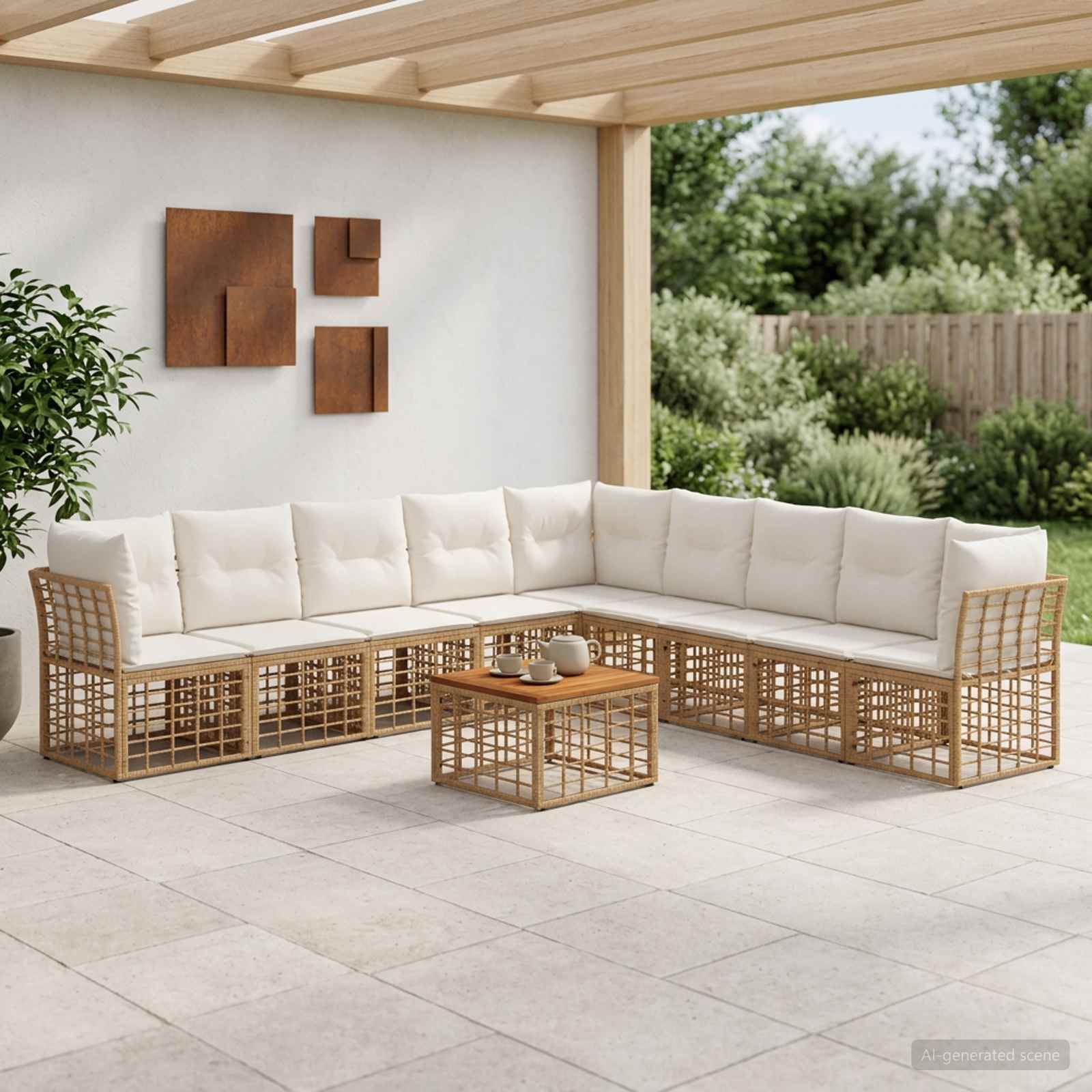 Outdoor-Sofagarnitur 10 stk. Natürlich und Cremweiß Polyester