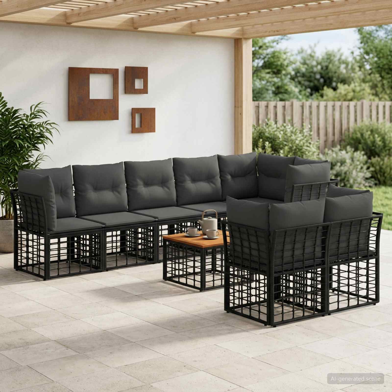 Outdoor-Sofagarnitur 9 stk. Schwarz und Dunkelgrau Polyester