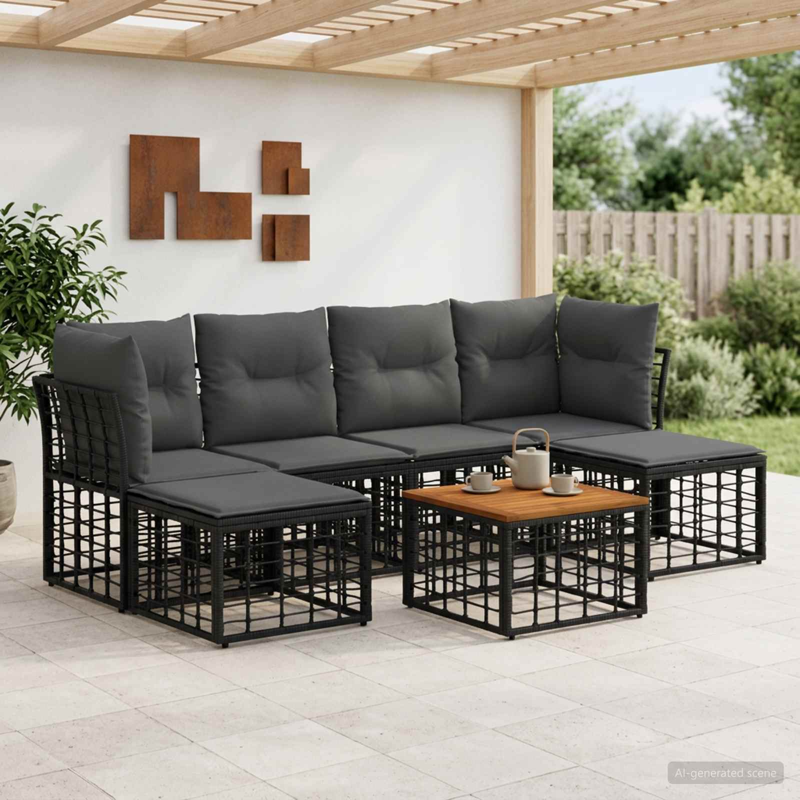 Outdoor-Sofagarnitur 7 stk. Schwarz und Dunkelgrau Polyester