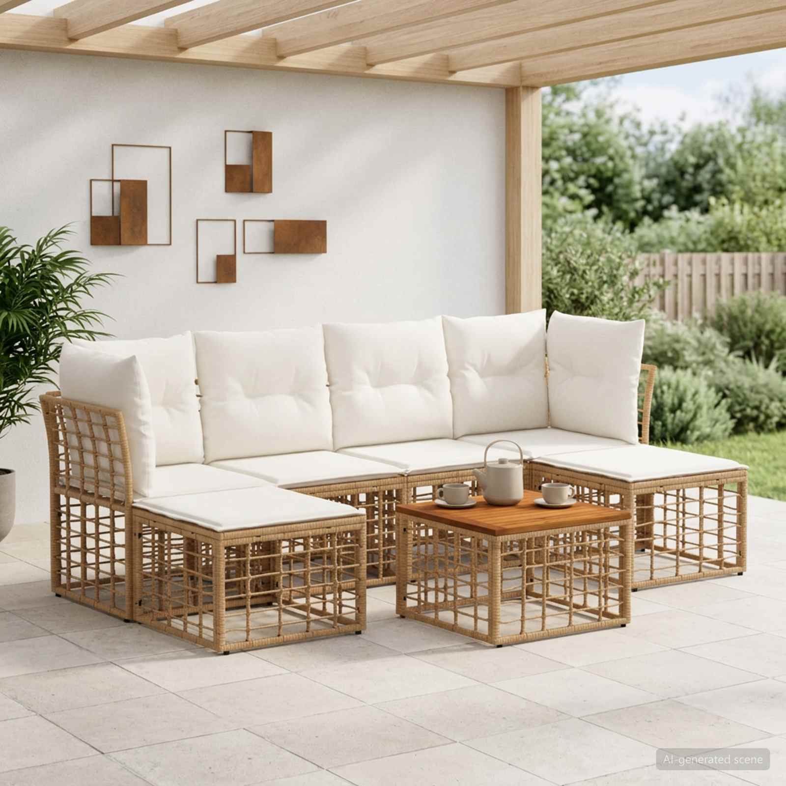 Outdoor-Sofagarnitur 7 stk. Natürlich und Cremweiß Polyester
