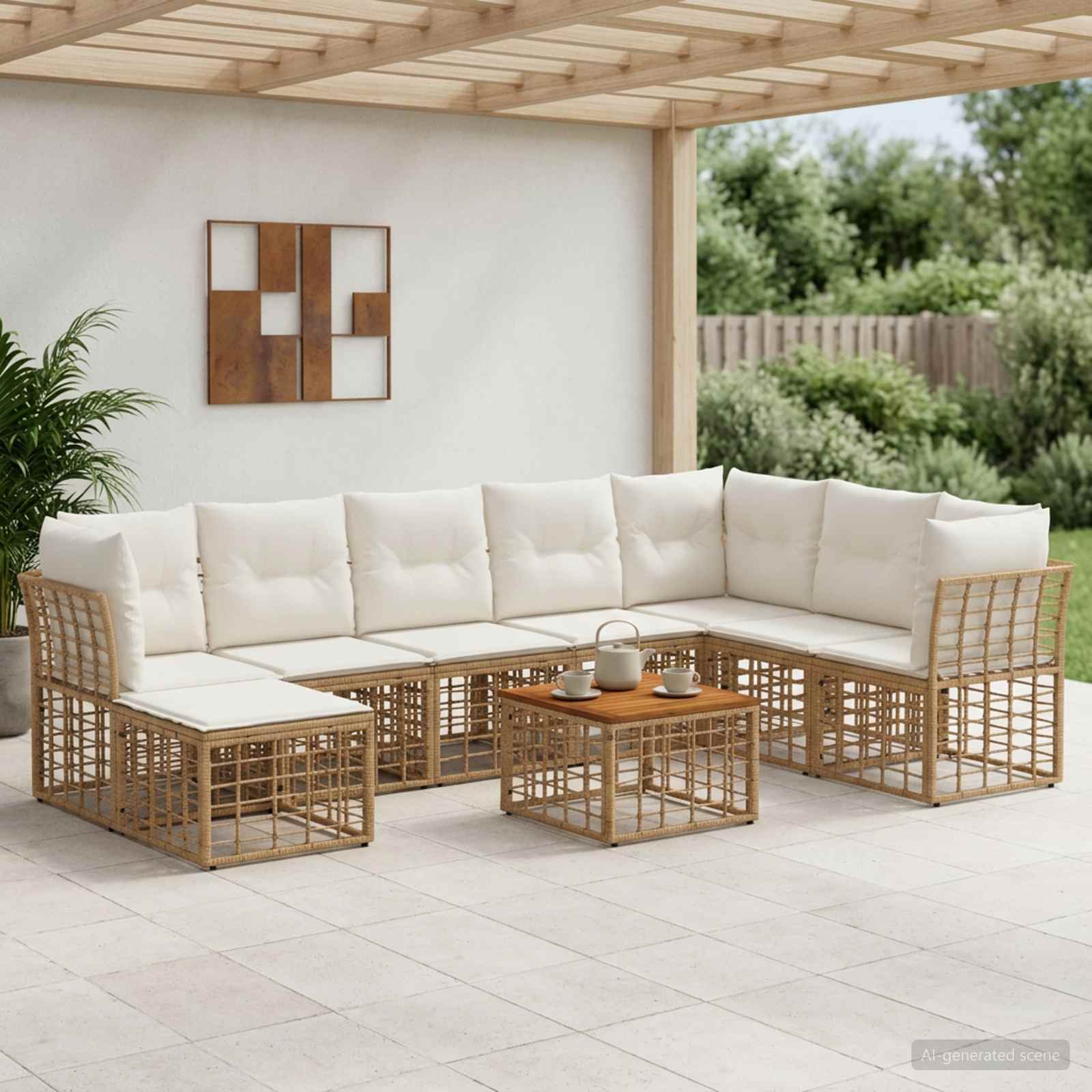 Outdoor-Sofagarnitur 9 stk. Natürlich und Cremweiß Polyester