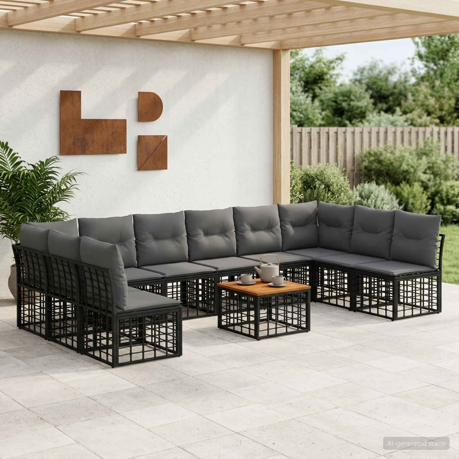 Outdoor-Sofagarnitur 11 stk. Schwarz und Dunkelgrau Polyester