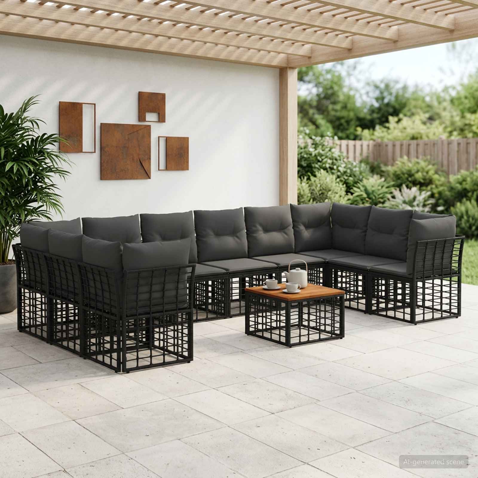 Outdoor-Sofagarnitur 11 stk. Schwarz und Dunkelgrau Polyester