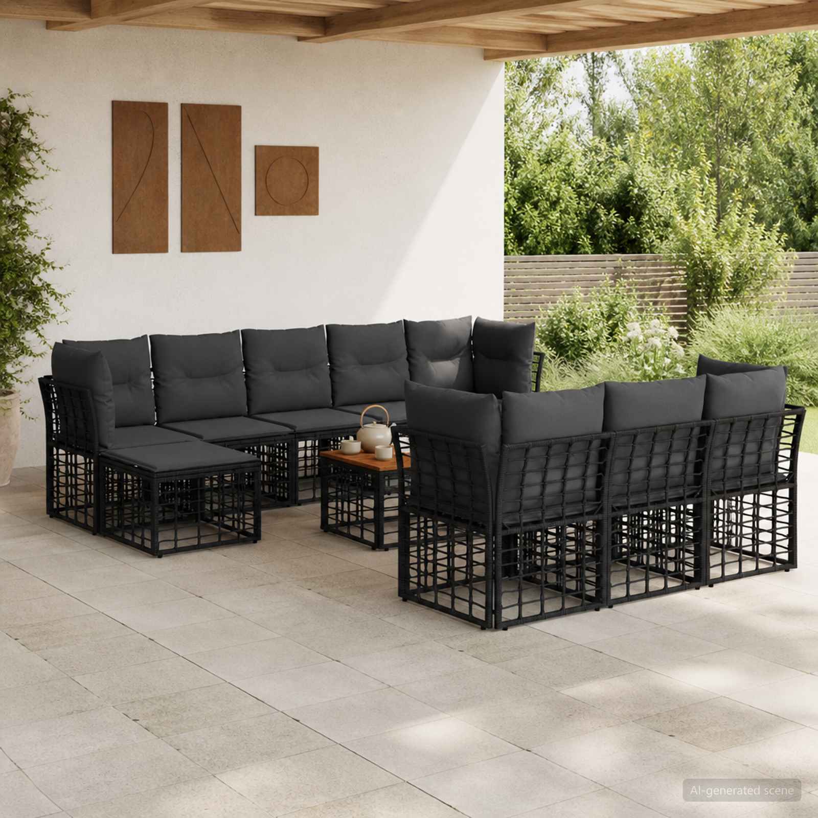 Outdoor-Sofagarnitur 11 stk. Schwarz und Dunkelgrau Polyester