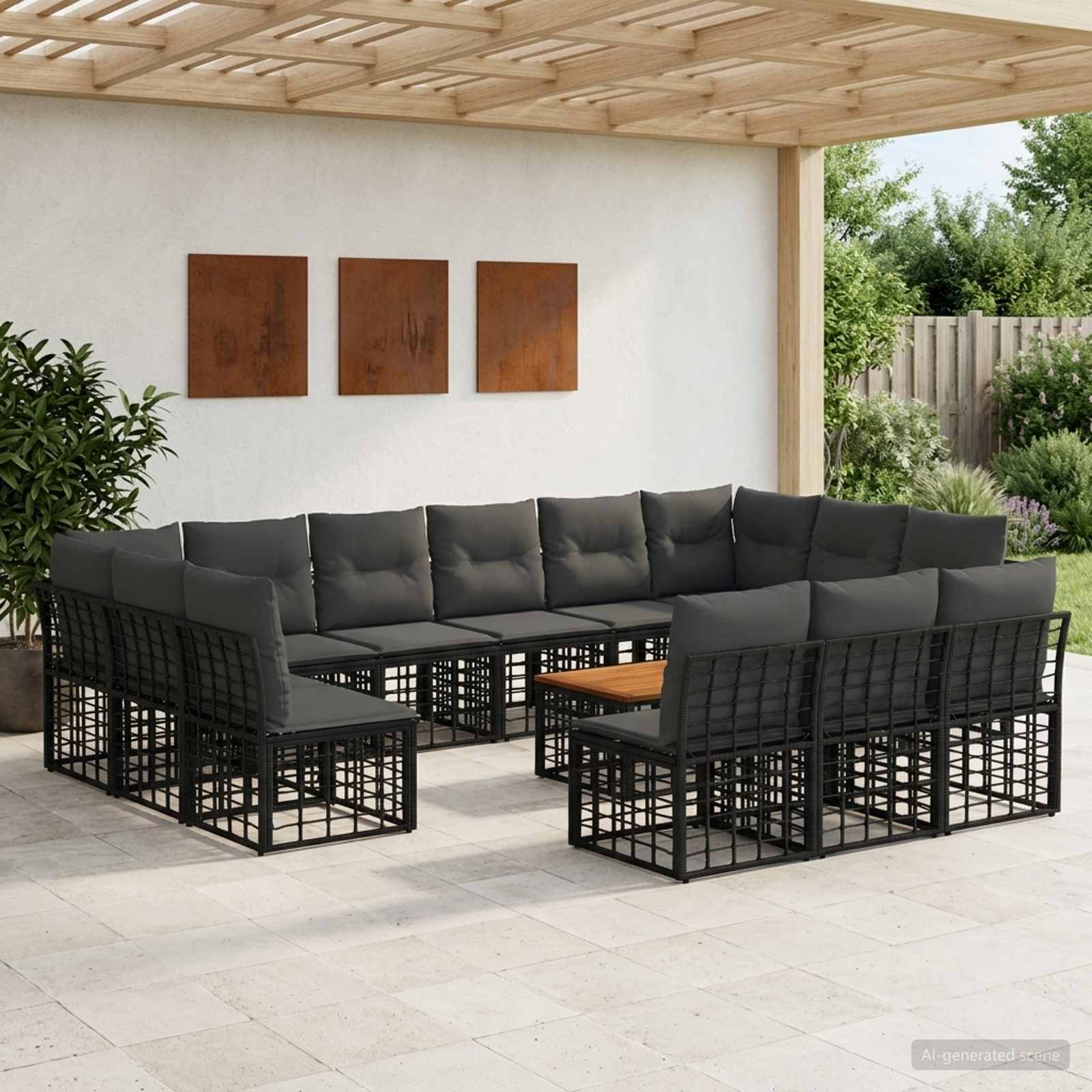 Outdoor-Sofagarnitur 14 stk. Schwarz und Dunkelgrau Polyester