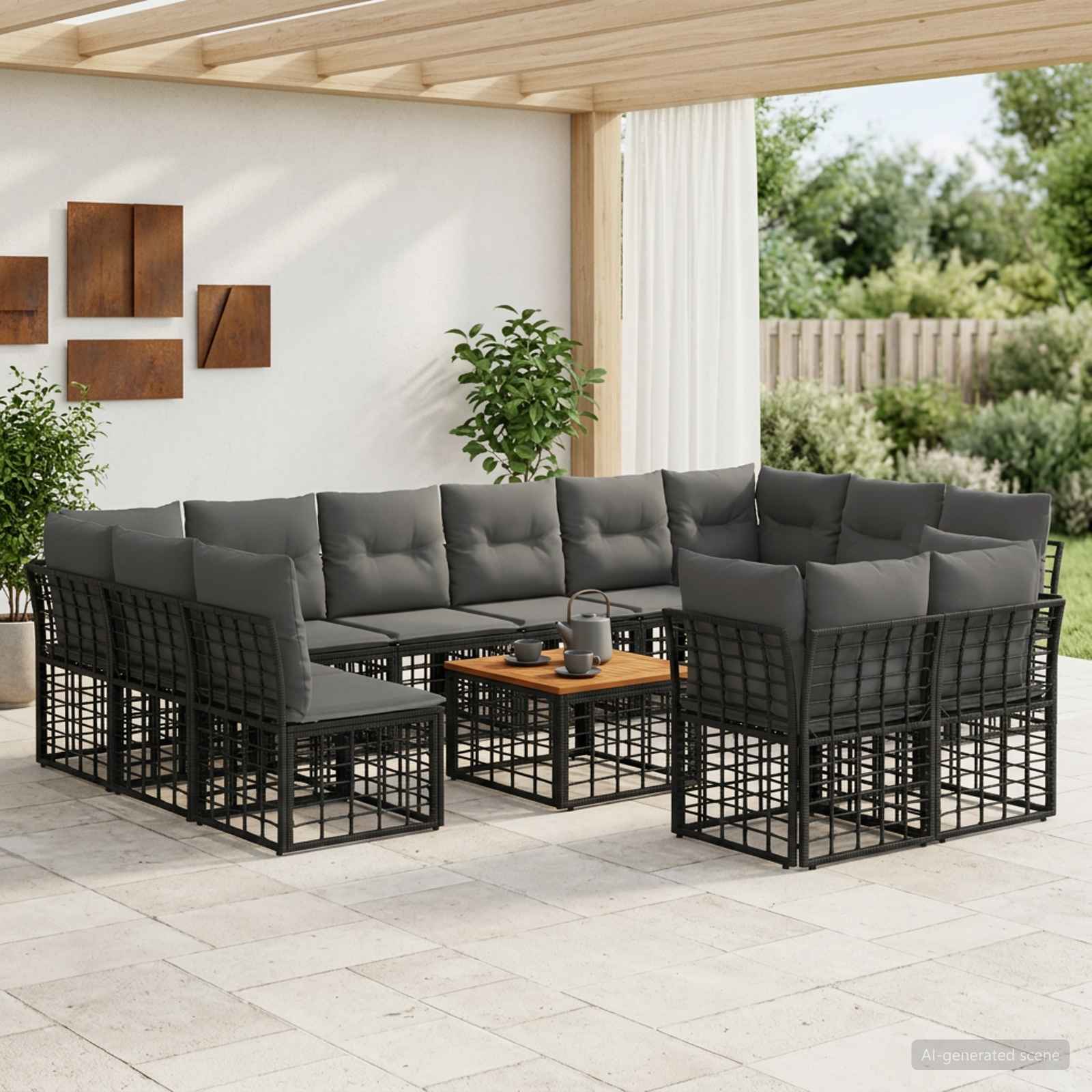 Outdoor-Sofagarnitur 13 stk. Schwarz und Dunkelgrau Polyester