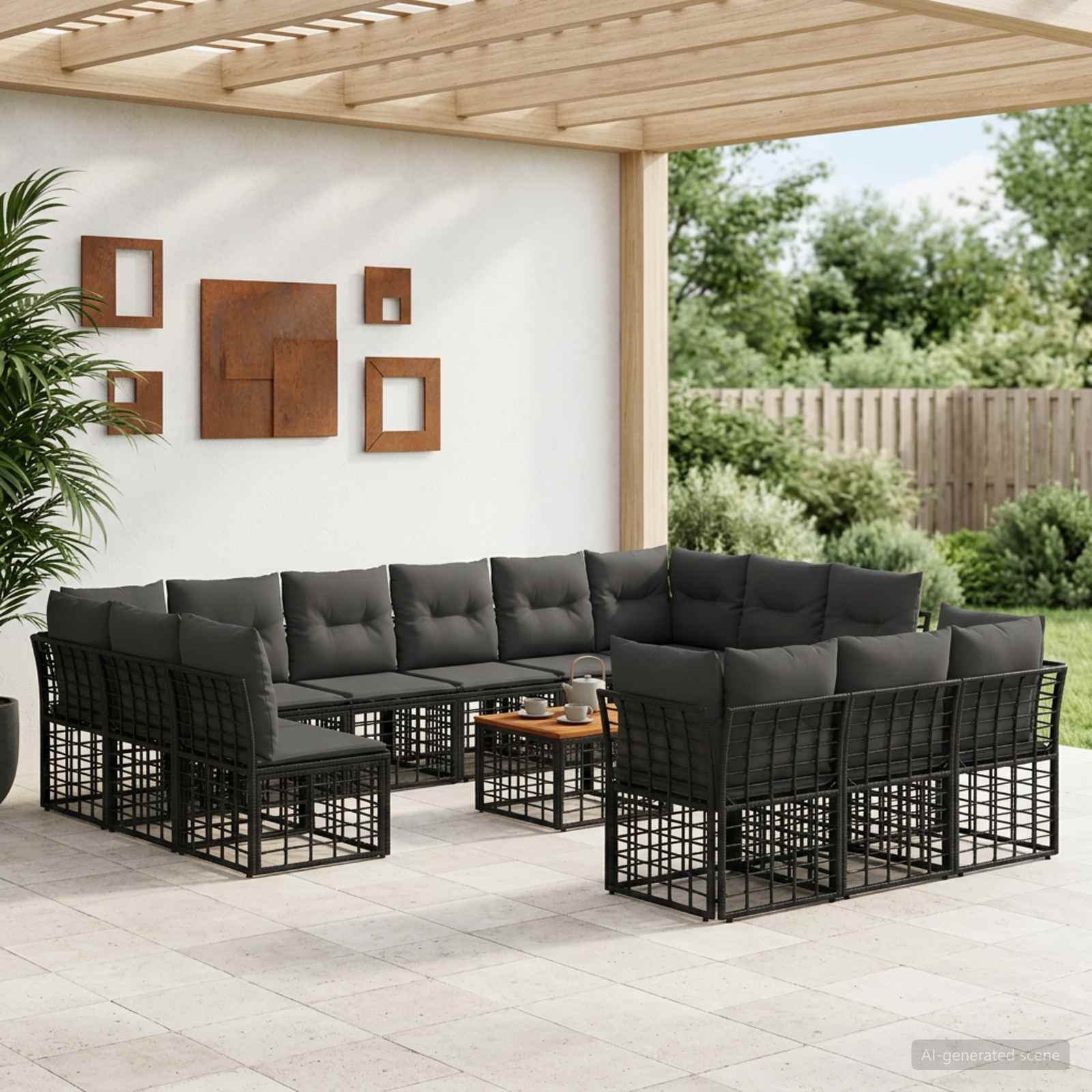 Outdoor-Sofagarnitur 14 stk. Schwarz und Dunkelgrau Polyester