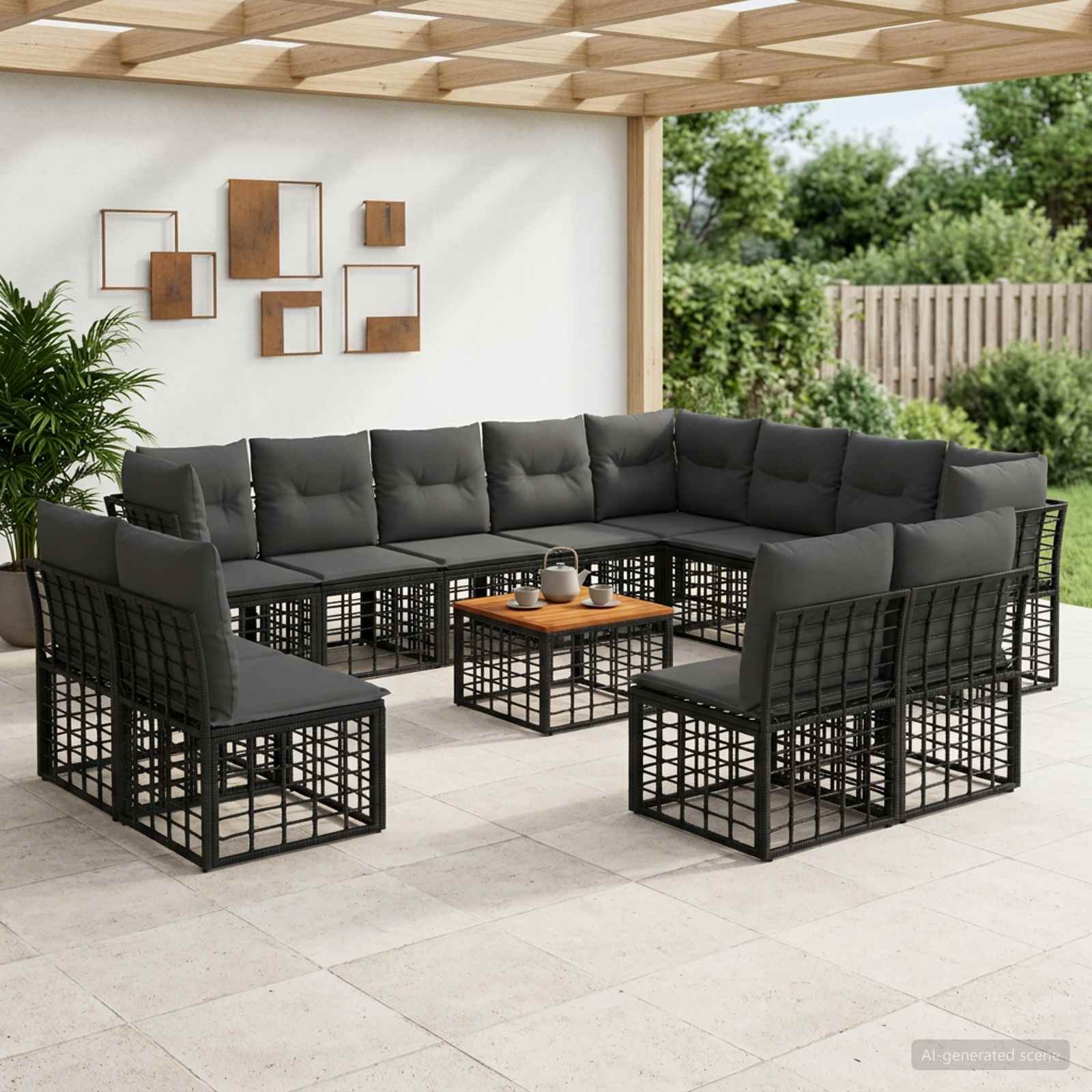 Outdoor-Sofagarnitur 13 stk. Schwarz und Dunkelgrau Polyester