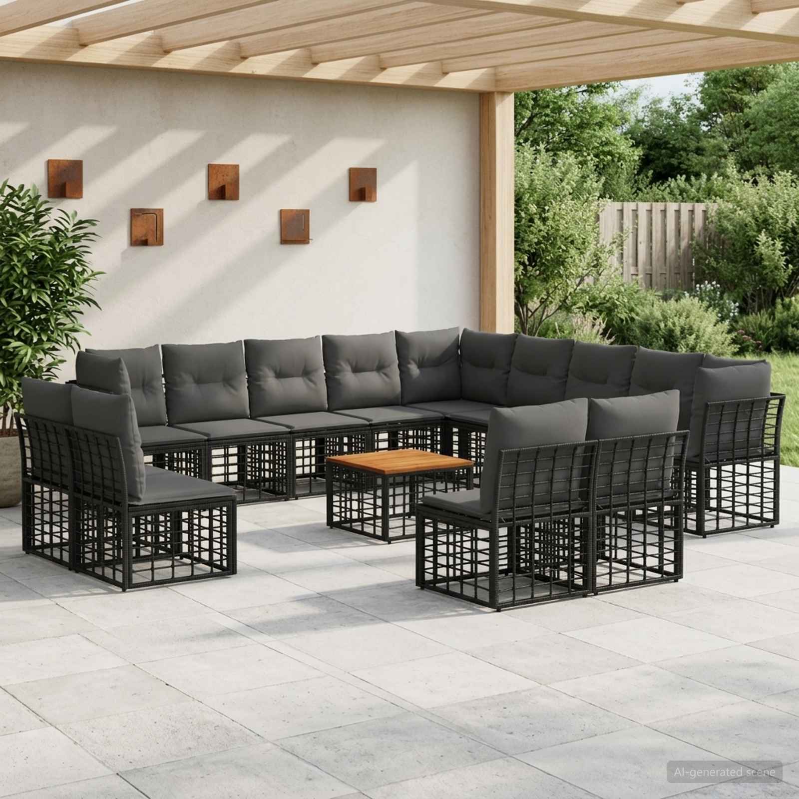 Outdoor-Sofagarnitur 14 stk. Schwarz und Dunkelgrau Polyester