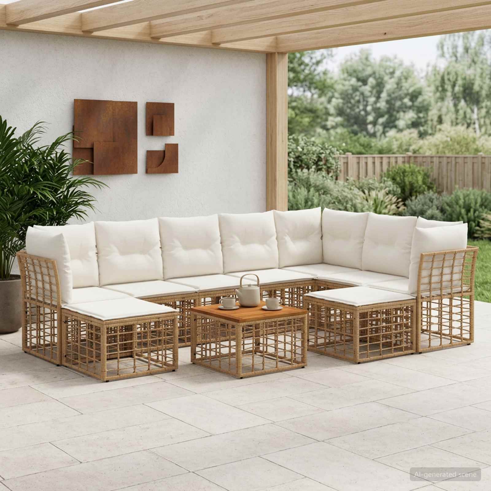 Outdoor-Sofagarnitur 10 stk. Natürlich und Cremweiß Polyester