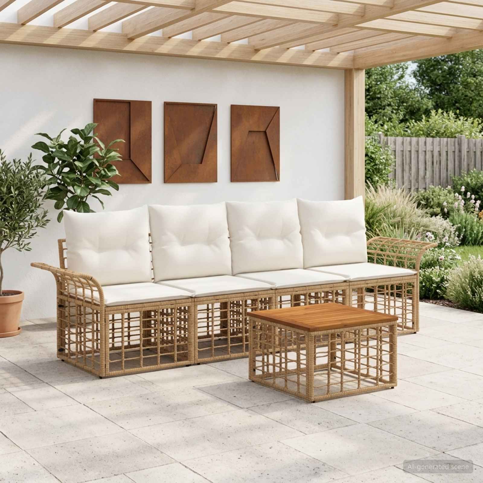 Outdoor-Sofagarnitur 5 stk. Natürlich und Cremweiß Polyester