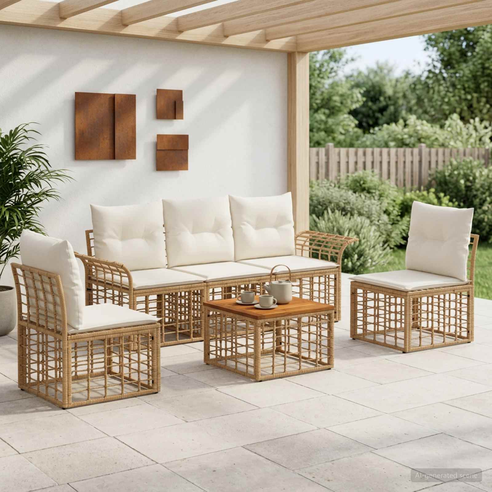 Outdoor-Sofagarnitur 6 stk. Natürlich und Cremweiß Polyester