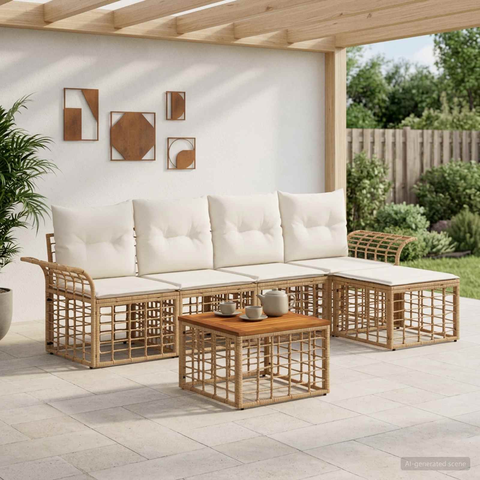 Outdoor-Sofagarnitur 6 stk. Natürlich und Cremweiß Polyester