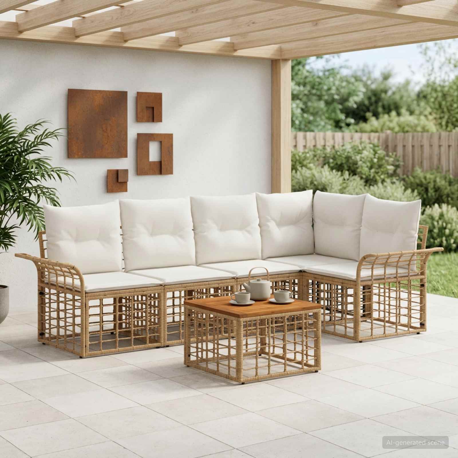Outdoor-Sofagarnitur 6 stk. Natürlich und Cremweiß Polyester