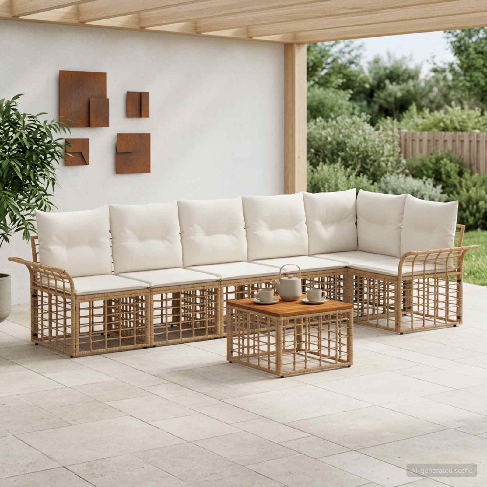 Outdoor-Sofagarnitur 7 stk. Natürlich und Cremweiß Polyester