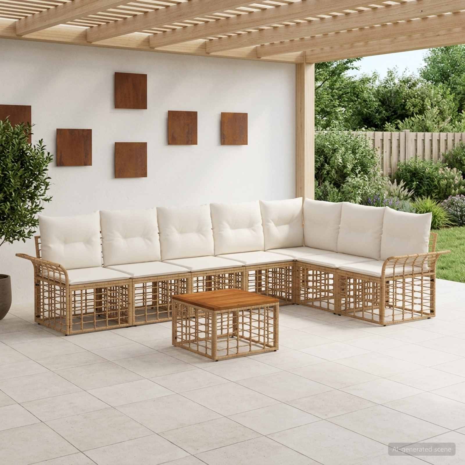 Outdoor-Sofagarnitur 8 stk. Natürlich und Cremweiß Polyester