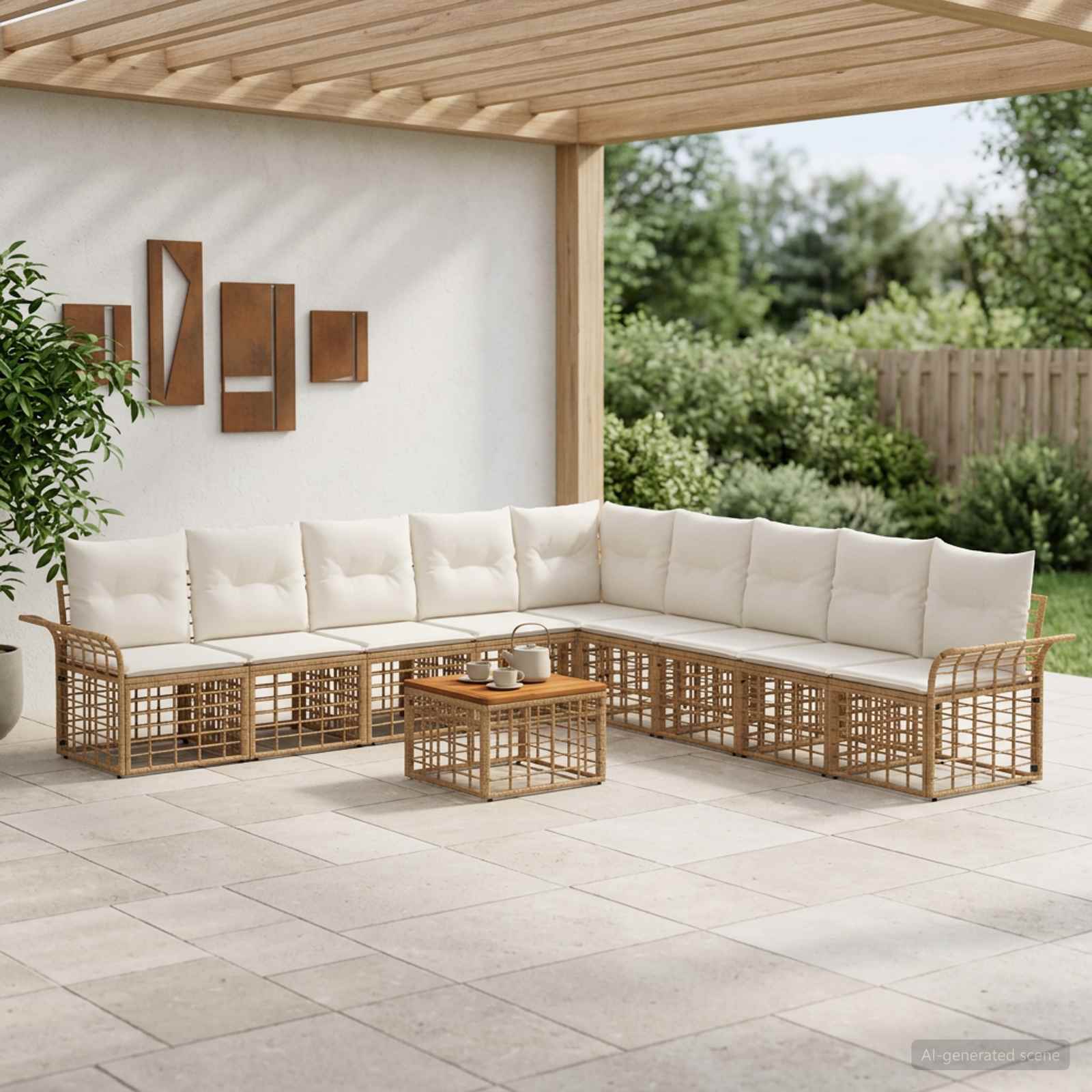 Outdoor-Sofagarnitur 10 stk. Natürlich und Cremweiß Polyester