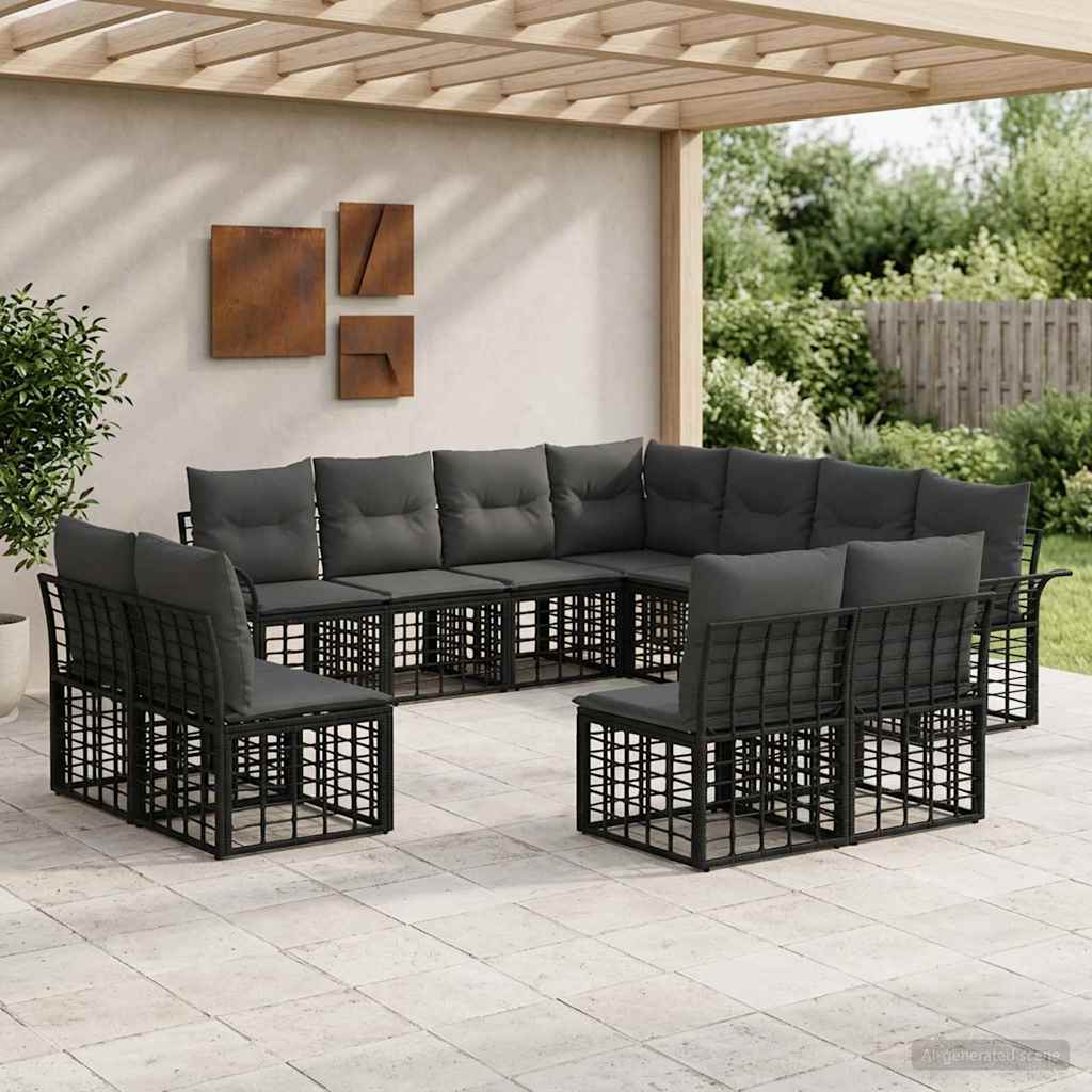 Outdoor-Sofagarnitur 11 stk. Schwarz und Dunkelgrau Polyester
