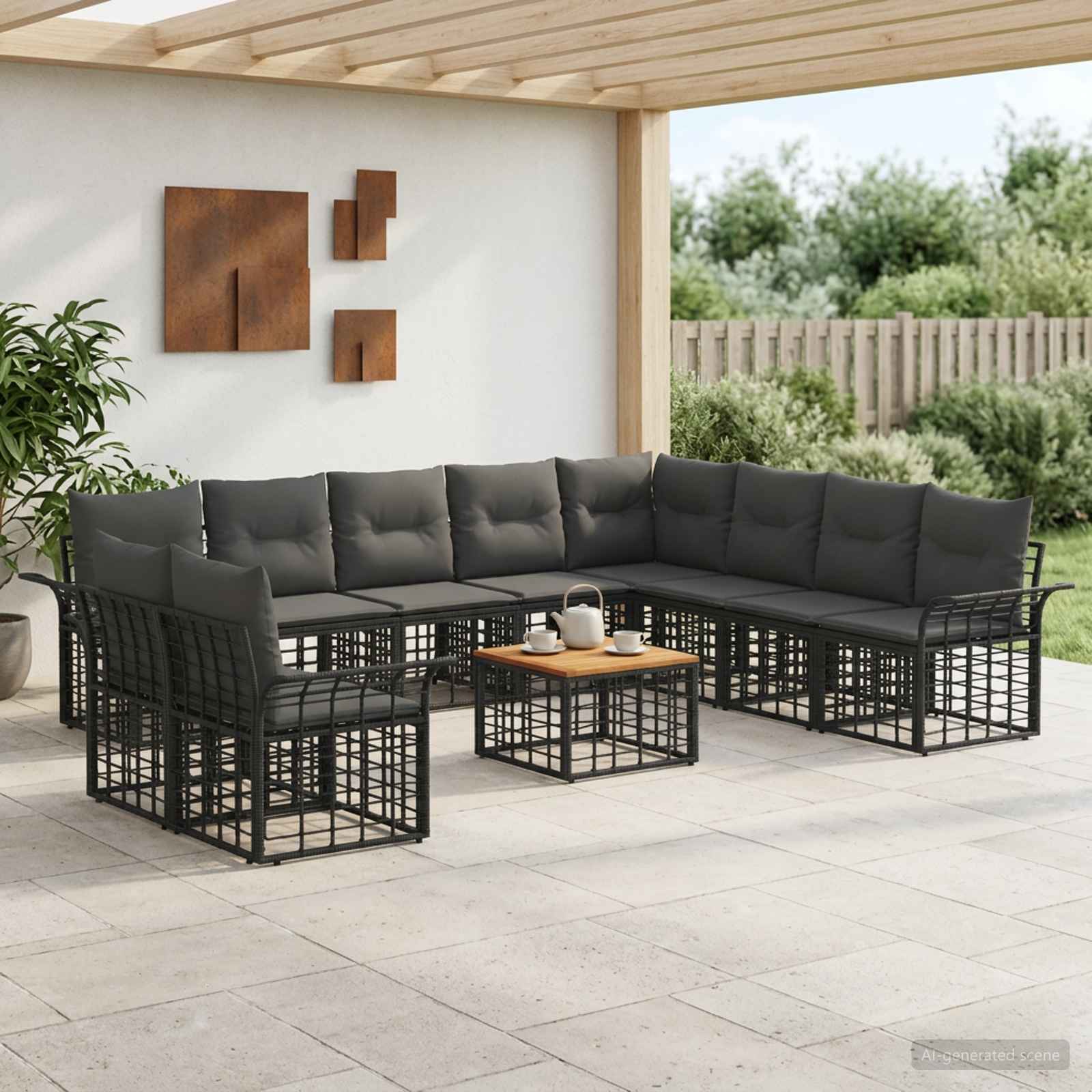 Outdoor-Sofagarnitur 11 stk. Schwarz und Dunkelgrau Polyester