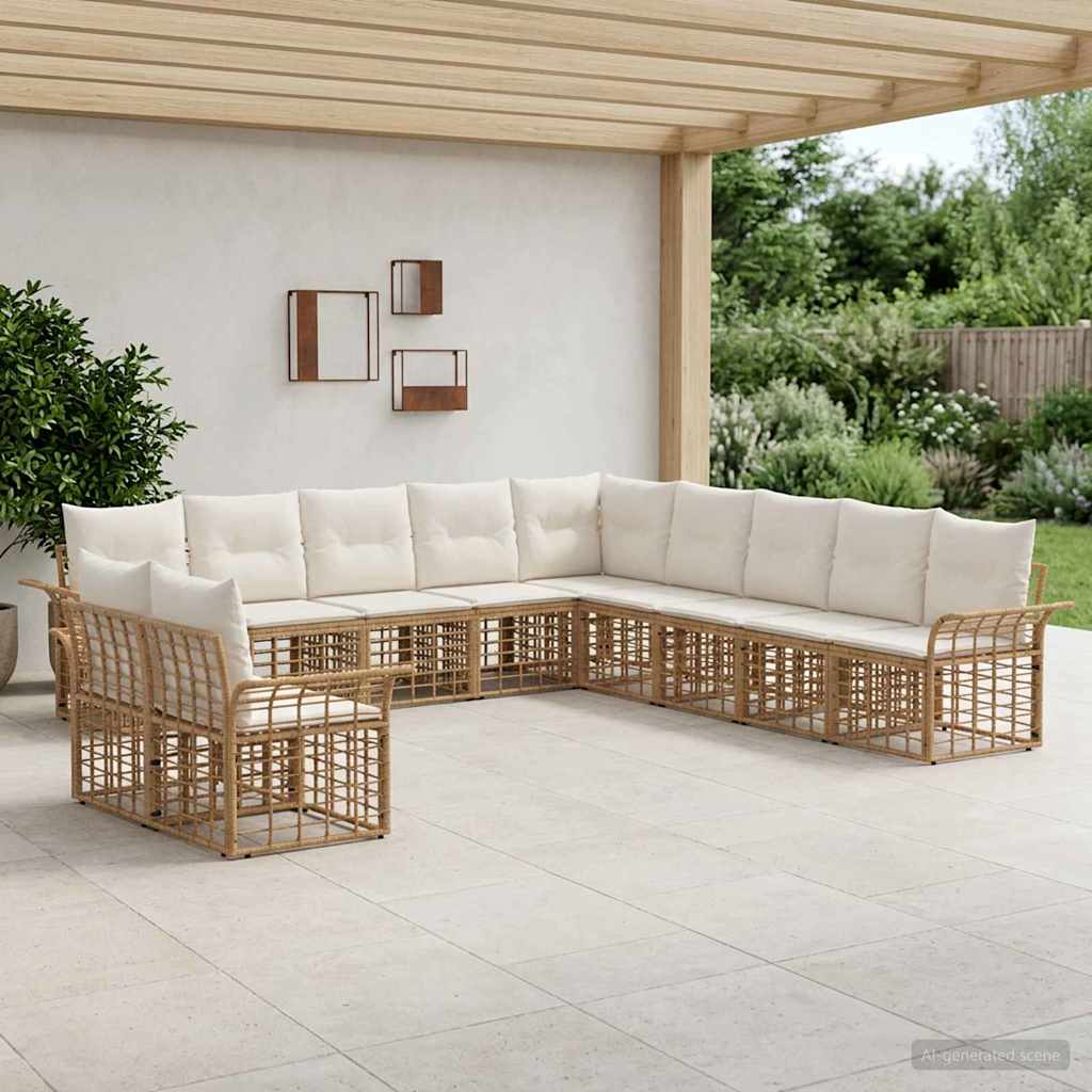 Outdoor-Sofagarnitur 11 stk. Natürlich und Cremweiß Polyester