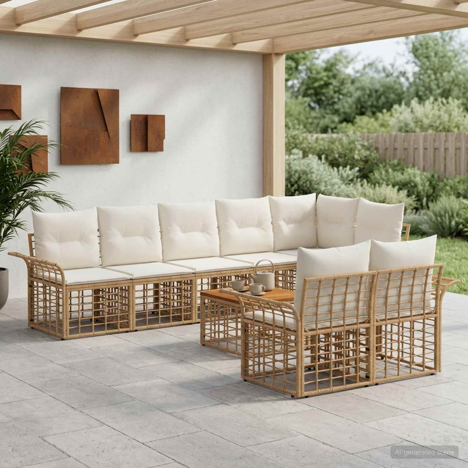Outdoor-Sofagarnitur 9 stk. Natürlich und Cremweiß Poly-Rattan