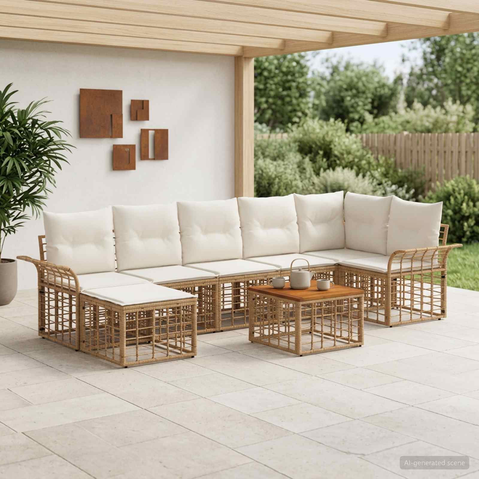 Outdoor-Sofagarnitur 8 stk. Natürlich und Cremweiß Polyester