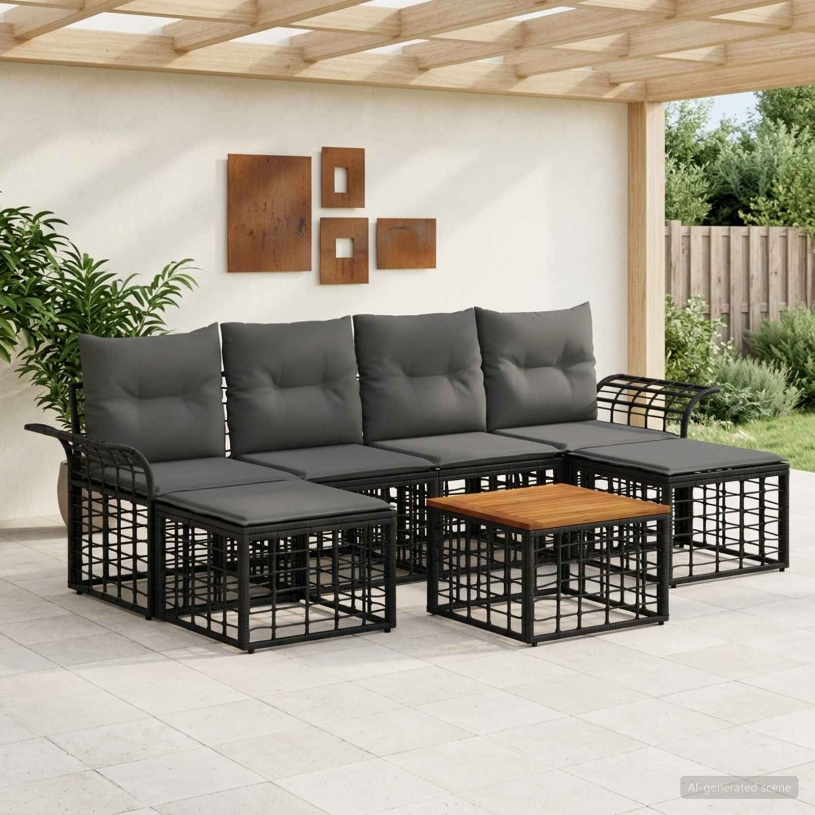 Outdoor-Sofagarnitur 7 stk. Schwarz und Dunkelgrau Polyester