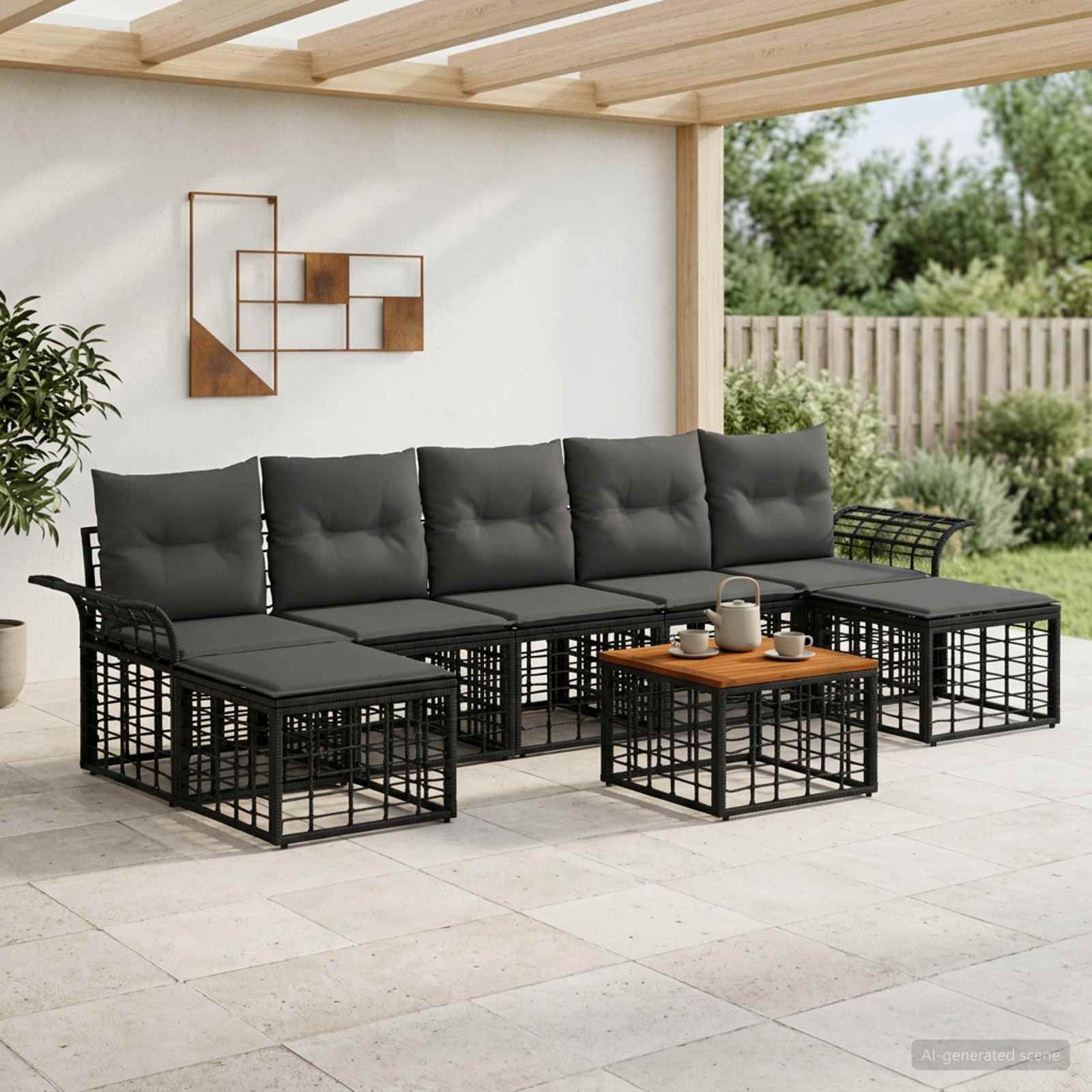 Outdoor-Sofagarnitur 8 stk. Schwarz und Dunkelgrau Polyester