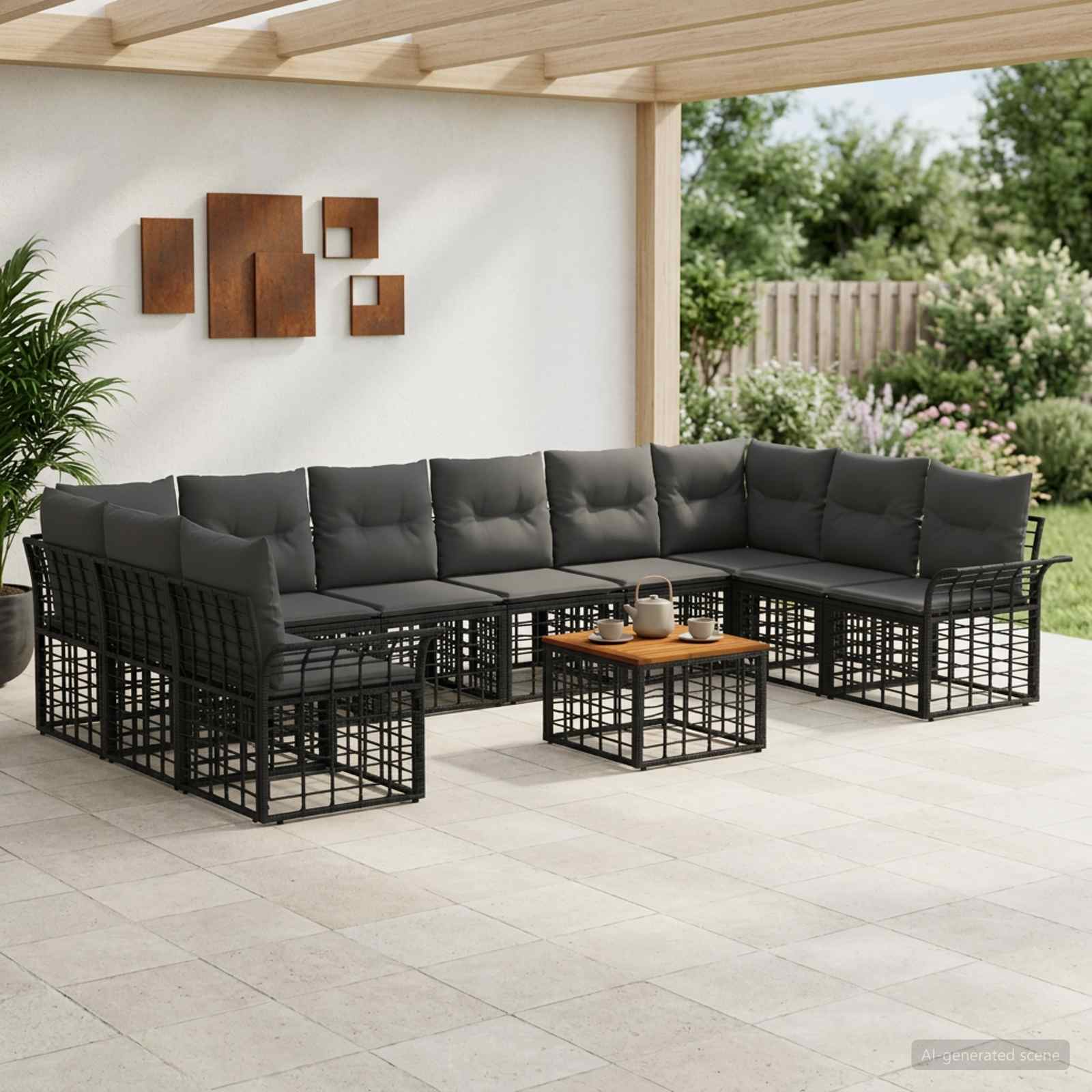 Outdoor-Sofagarnitur 11 stk. Schwarz und Dunkelgrau Polyester