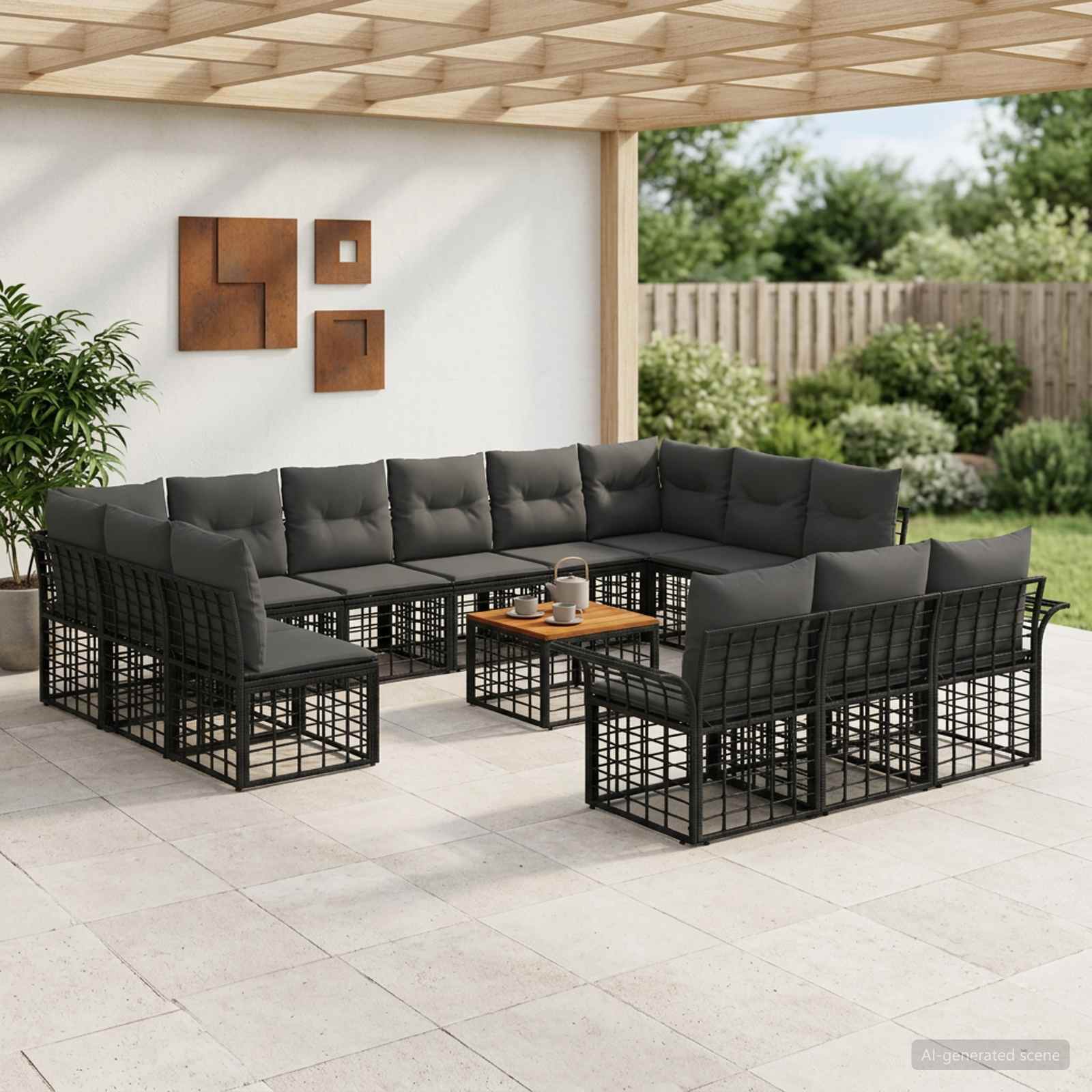 Outdoor-Sofagarnitur 14 stk. Schwarz und Dunkelgrau Polyester