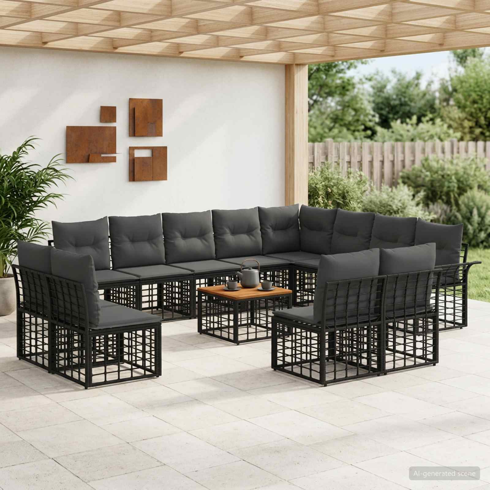 Outdoor-Sofagarnitur 13 stk. Schwarz und Dunkelgrau Polyester