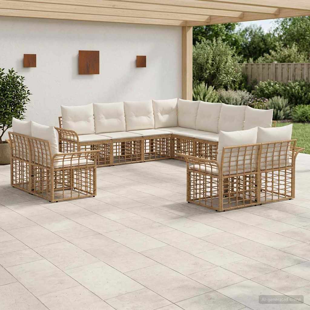 Outdoor-Sofagarnitur 11 stk. Natürlich und Cremweiß Polyester