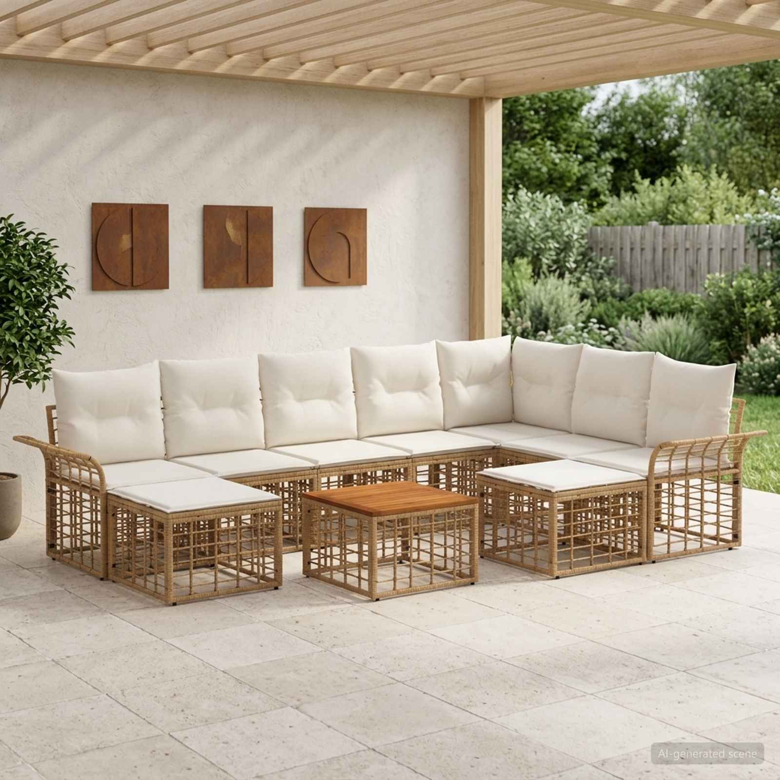 Outdoor-Sofagarnitur 10 stk. Natürlich und Cremweiß Polyester