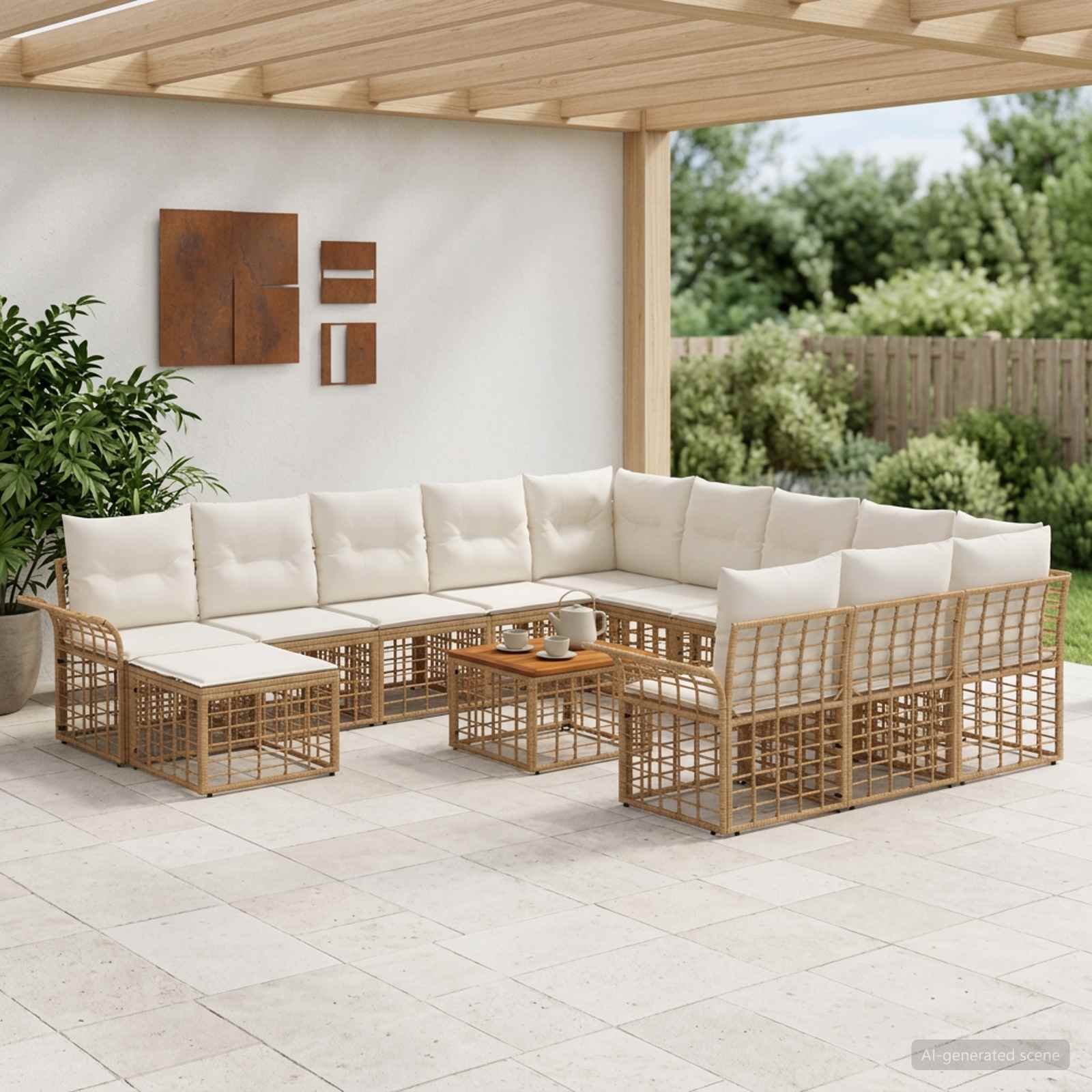 Gartensofa-set 13 stk. Natürlich und Cremweiß Poly-Rattan