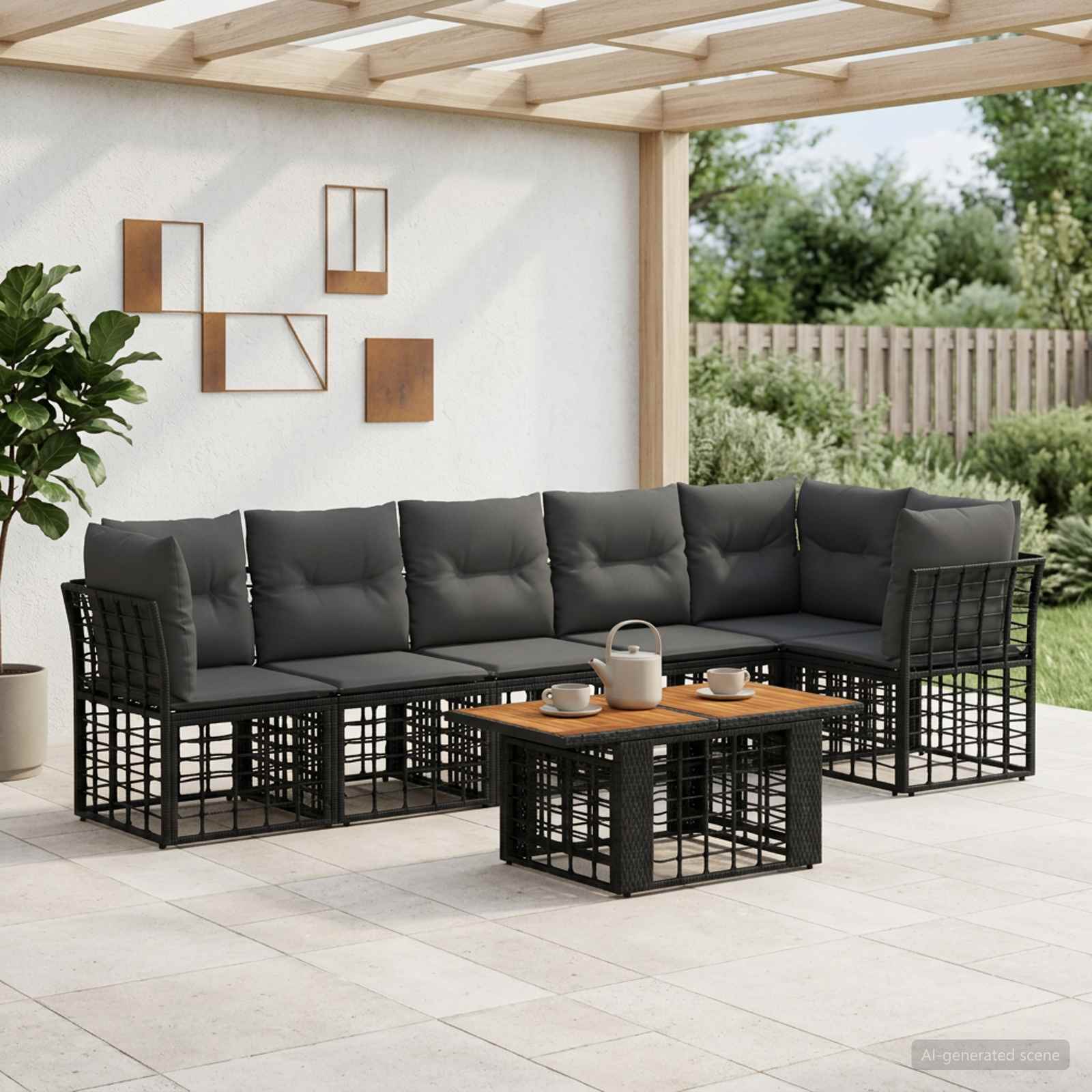 Gartensofa-set 7 stk. Schwarz und Dunkelgrau Poly-Rattan