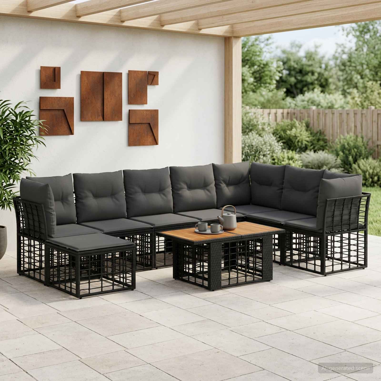 Gartensofa-set 9 stk. Schwarz und Dunkelgrau Poly-Rattan