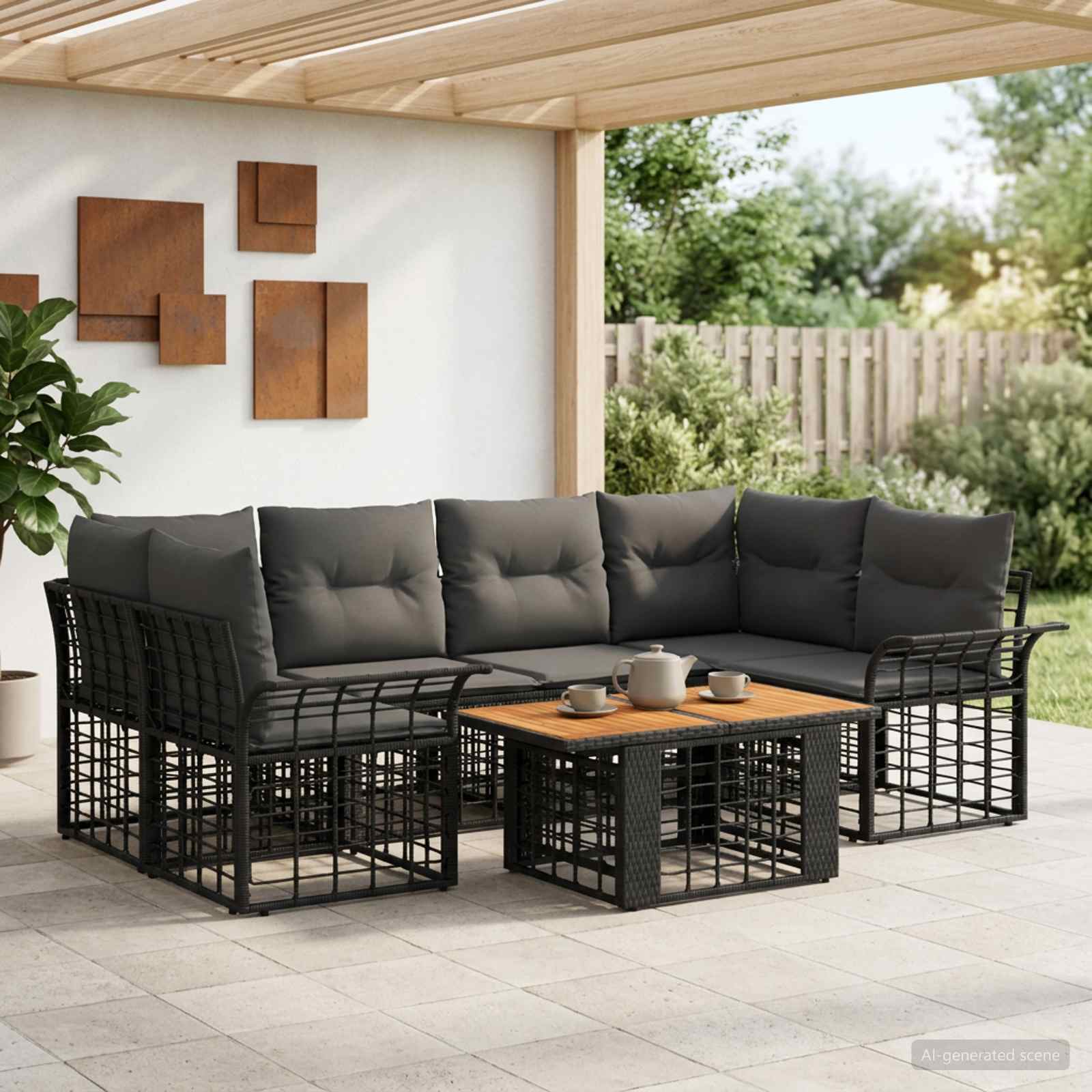 Gartensofa-set 7 stk. Schwarz und Dunkelgrau Poly-Rattan
