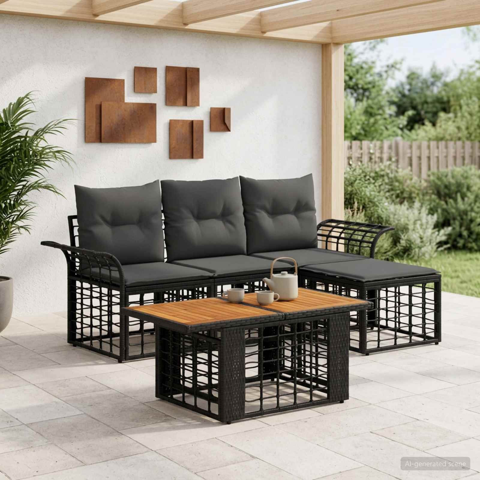 Gartensofa-set 5 stk. Schwarz und Dunkelgrau Poly-Rattan