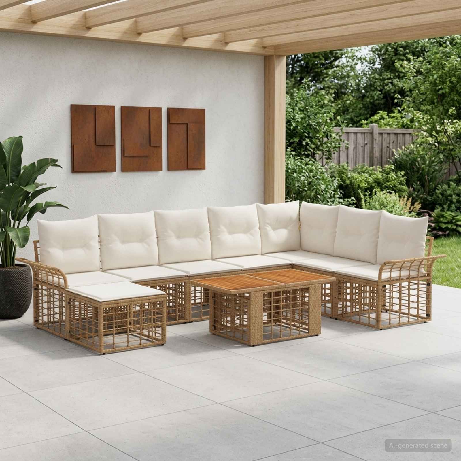 Gartensofa-set 9 stk. Natürlich und Cremweiß Poly-Rattan