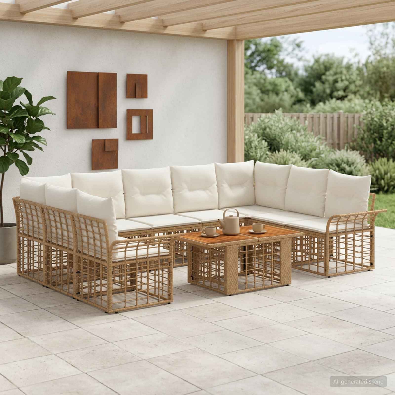 Gartensofa-set 10 stk. Natürlich und Cremweiß Poly-Rattan