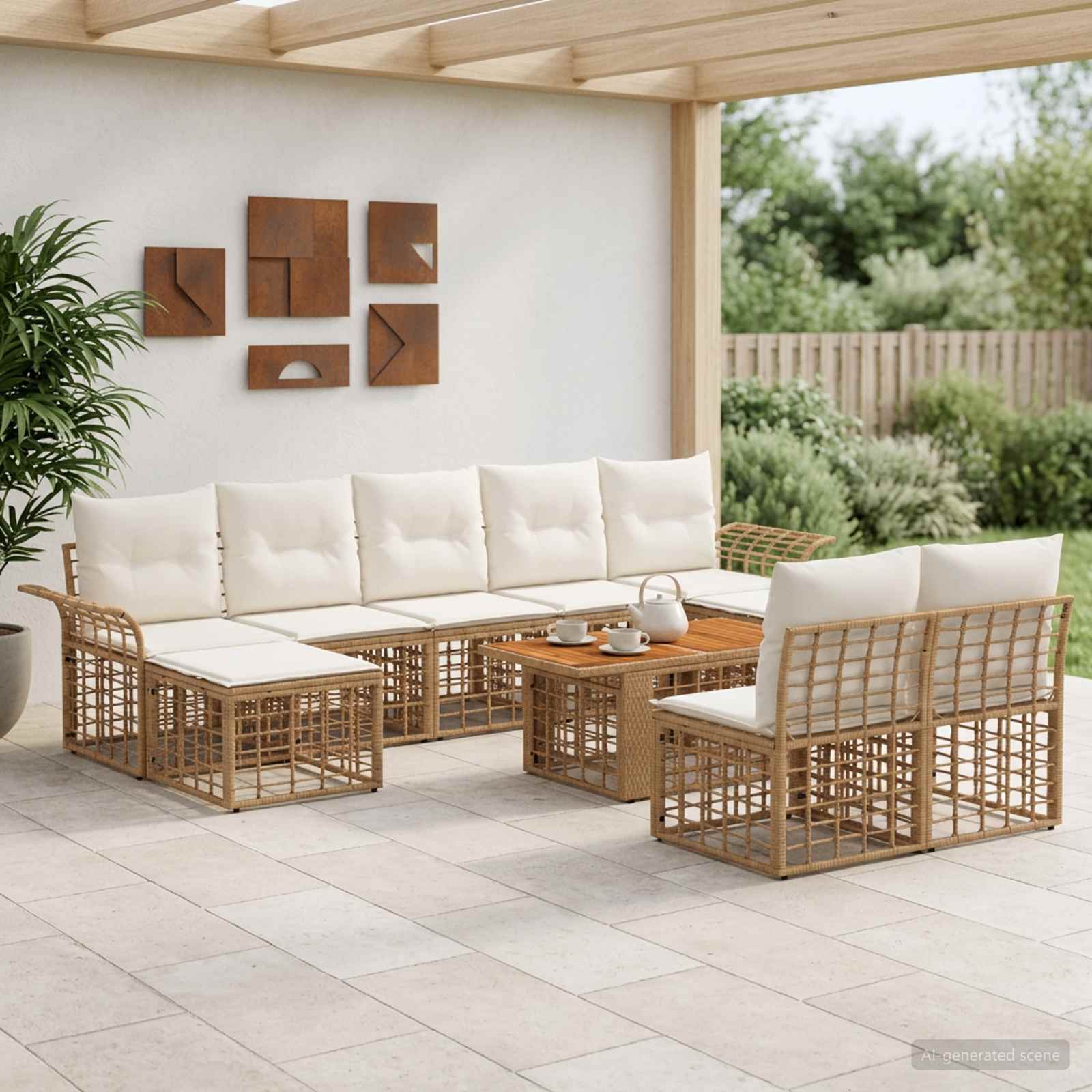 Gartensofa-set 10 stk. Natürlich und Cremweiß Poly-Rattan