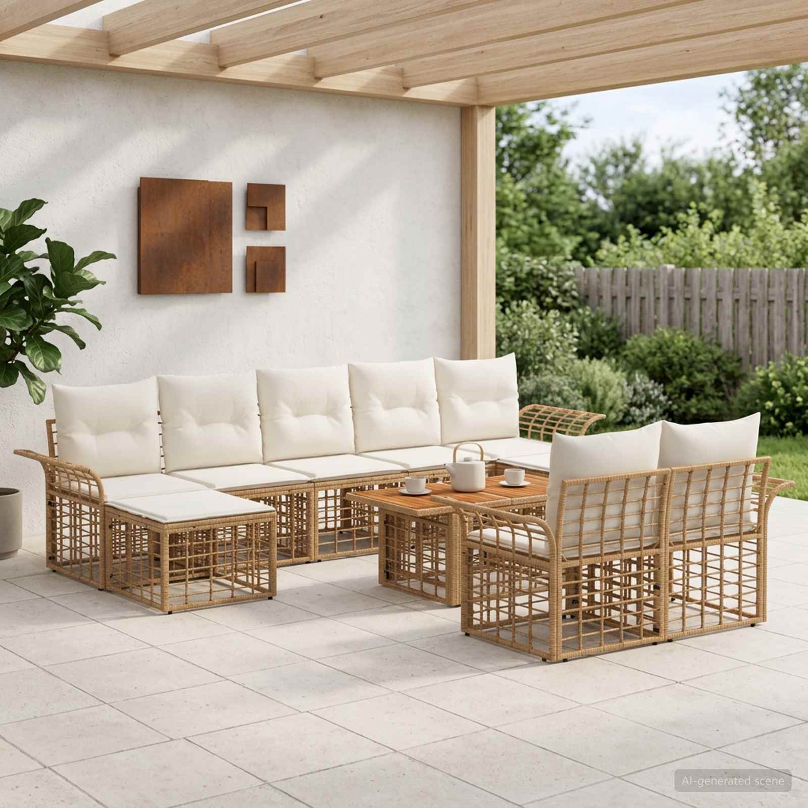 Gartensofa-set 10 stk. Natürlich und Cremweiß Poly-Rattan