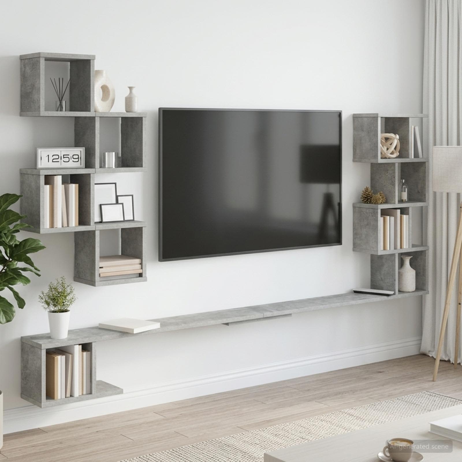 Wandmontiertes TV-Regal Betongrau 200 x 15 x 94 cm