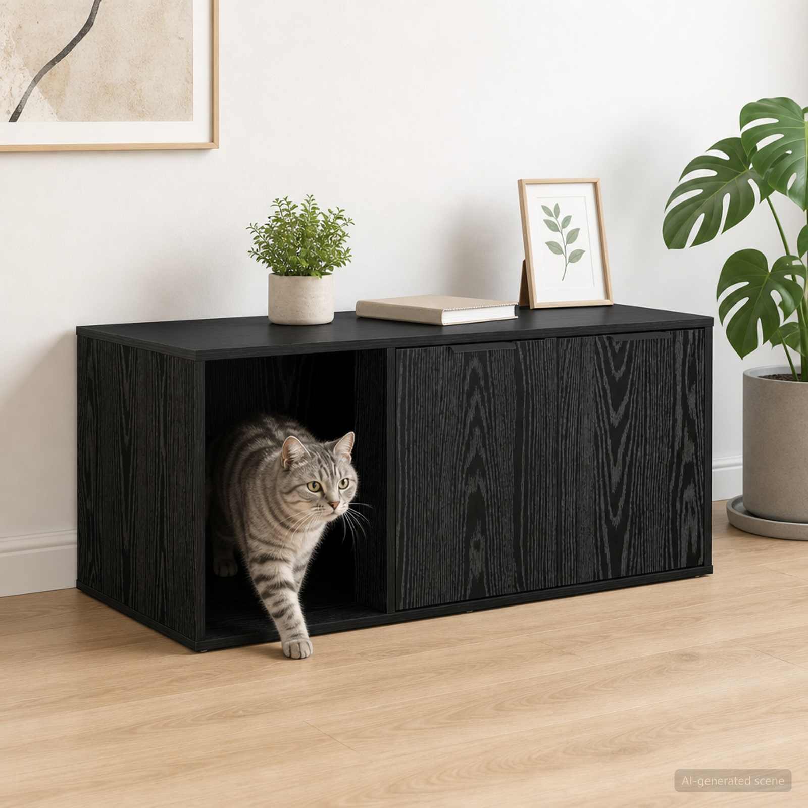 Katzenkiste Möbel Schwarz Eichen-Optik 100 x 49 x 45 cm