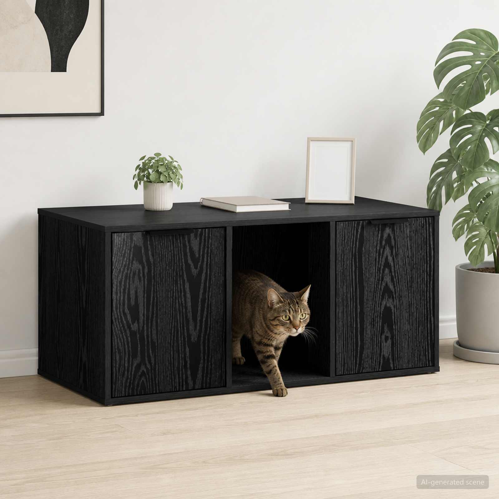 Katzenkiste Möbel Schwarz Eichen-Optik 100 x 49 x 45 cm