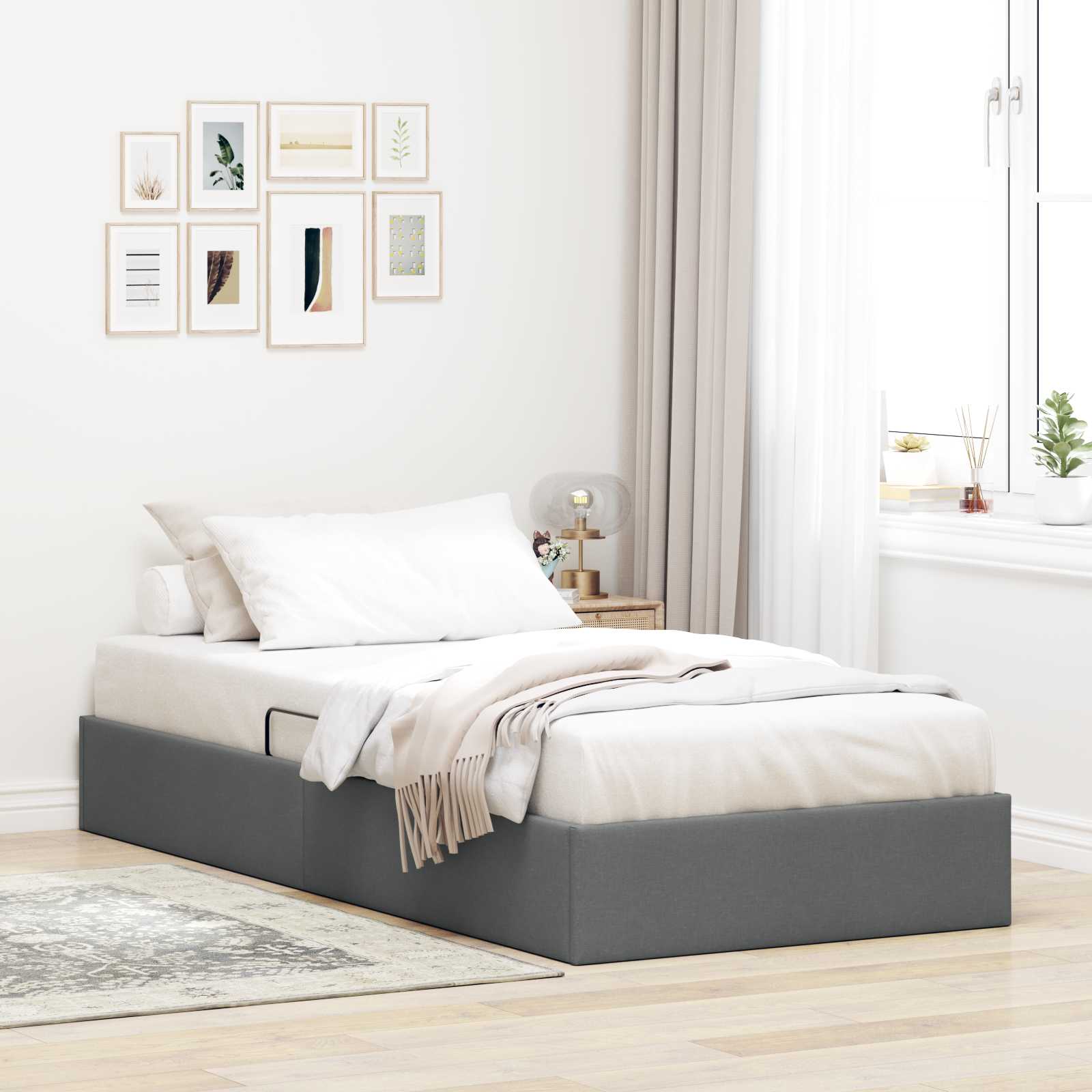 Ottoman Bettgestell mit Speicher Dunkelgrau 90 x 190 cm Stoff