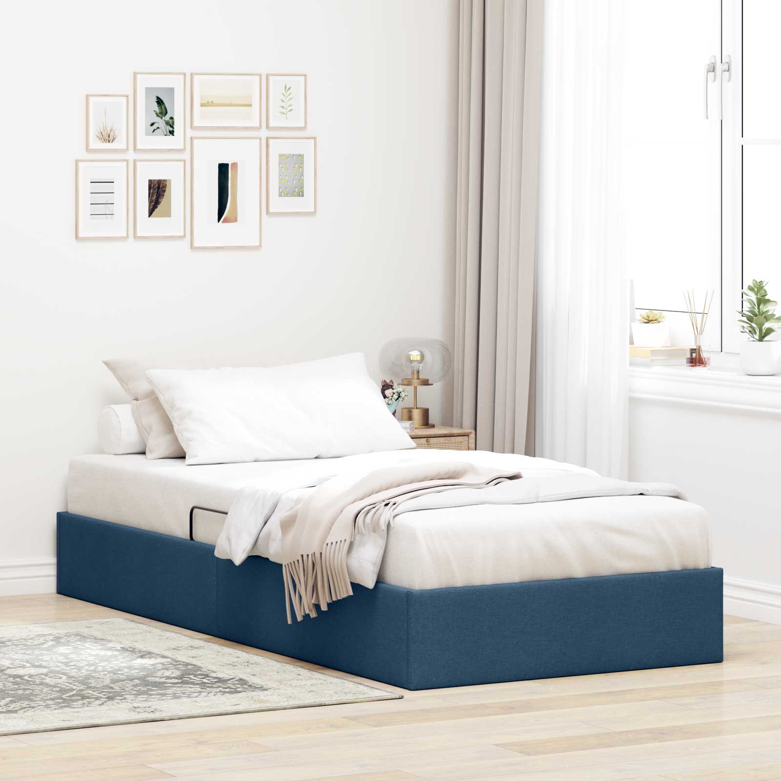 Ottoman Bettgestell mit Speicher Blau 90 x 200 cm Stoff