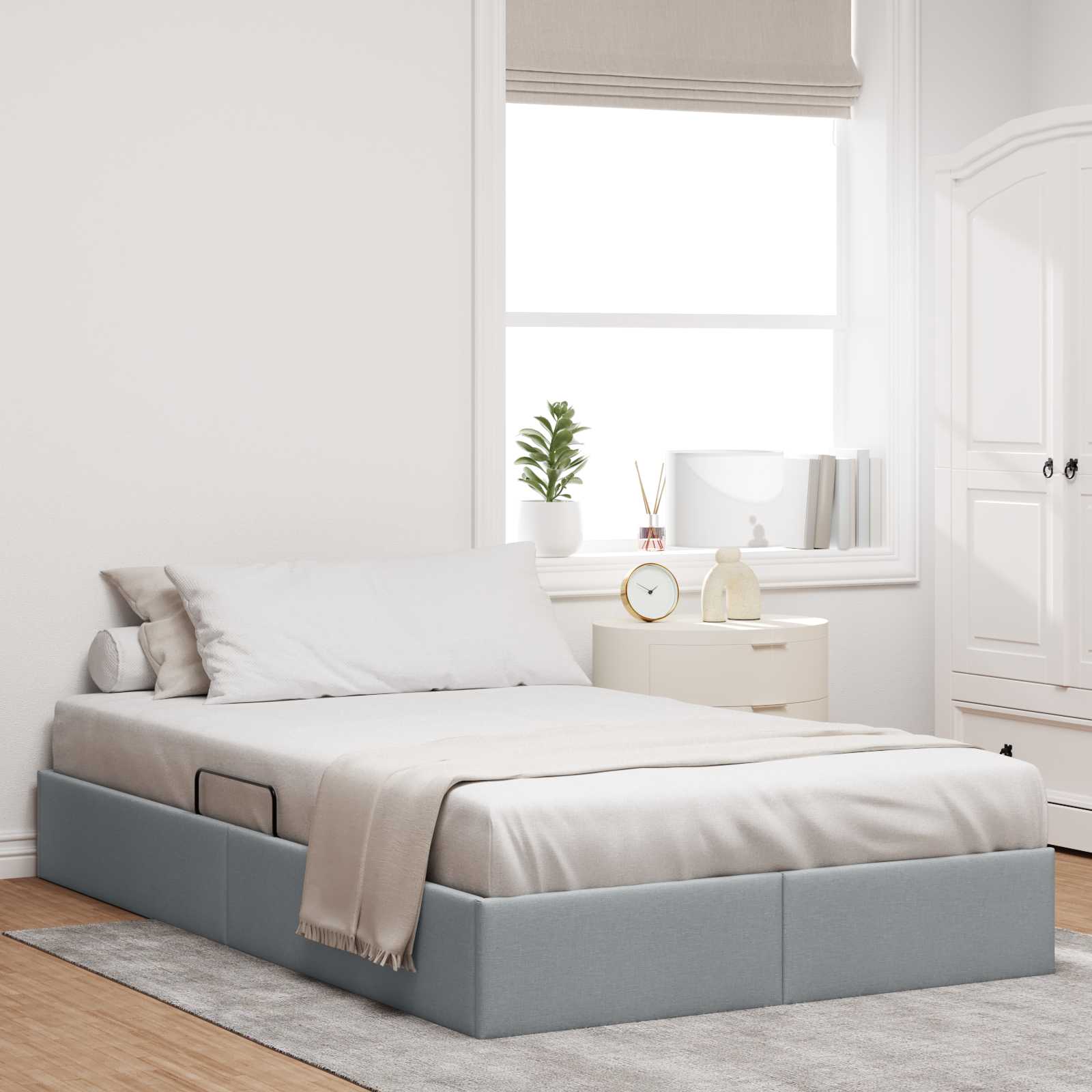 Ottoman Bettgestell mit Speicher Hellgrau 120 x 200 cm Stoff