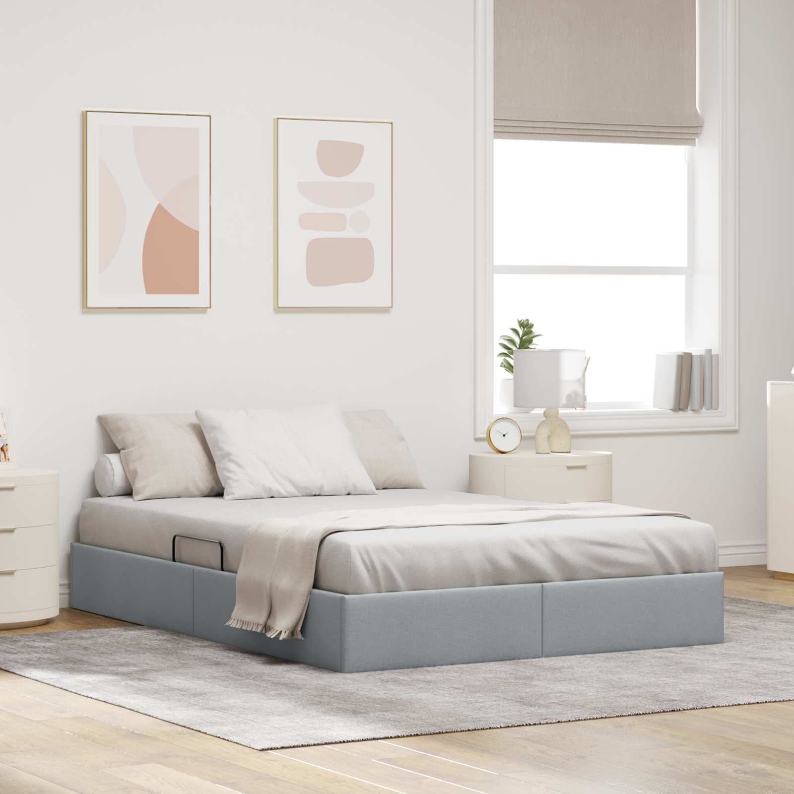 Ottoman Bettgestell mit Speicher Hellgrau 140 x 190 cm Stoff