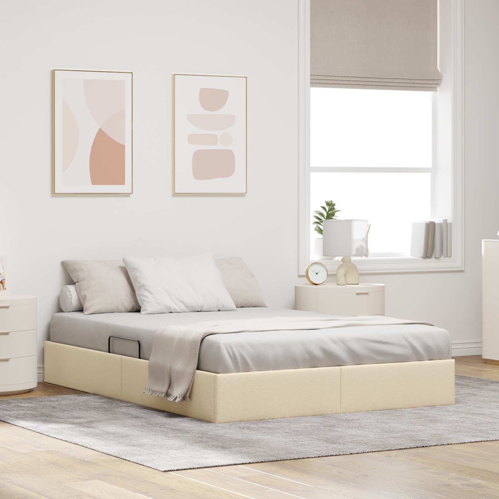 Ottoman Bettgestell mit Speicher Creme 140 x 200 cm Stoff
